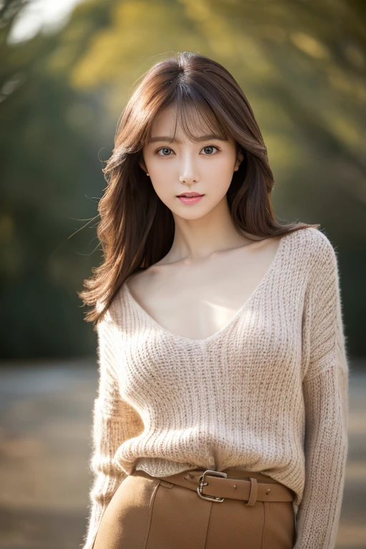 Masterpiece, top-quality, high resolution, Photorealsitic, sharp, Raw photography, 8K wallpaper, flawless, Professional lighting, highly detailed, depth of fields, Pale solid color background, ((one beautiful women, Skinny Japanese mature)), (30 years old), Sexy, Detailed face, beautidful eyes, bangs, small breasts, very thin waist, Light Brown Straight Hair, Faint lips, ((standing at front, Staring at the viewer, serious face eyes.)), Sweaters, skirt, (full-body photo), cowboy shot