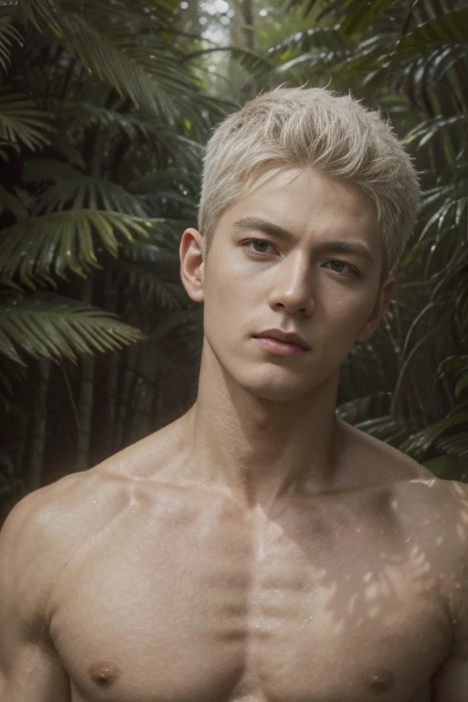 FULL full Body photorealistic 4k, high resolution, best quality, masterpiece, perfect color, perfect shade, perfect lighting, Posted by e621, ((portrait)), ((handsome man)), perfect male figure, Short hair details,chest muscles,abdominal muscles,Nakednes torso Jujutsu Kaisen Gojo Satoru, Detailed face, perfect face, (stood up), Detailed background, ((Bonifasco Lighting)), (delicate eyes),(),white hair, forest scene photo, professional movie, professional picture, ultra detailed, ultra realistic, cinematic, sharp focus
