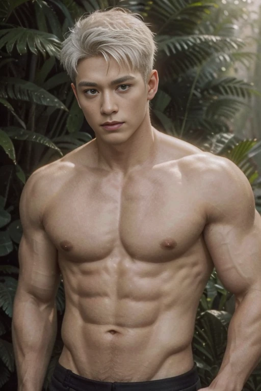 FULL full Body photorealistic 4k, high resolution, best quality, masterpiece, perfect color, perfect shade, perfect lighting, Posted by e621, ((portrait)), ((handsome man)), perfect male figure, Short hair details，chest muscles，abdominal muscles，Nakednes torso Jujutsu Kaisen Gojo Satoru,  Detailed face, perfect face, (stood up), Detailed background, ((Bonifasco Lighting)), (delicate eyes),(),white hair, forest scene photo, professional movie, professional picture, ultra detailed, ultra realistic, cinematic, sharp focus