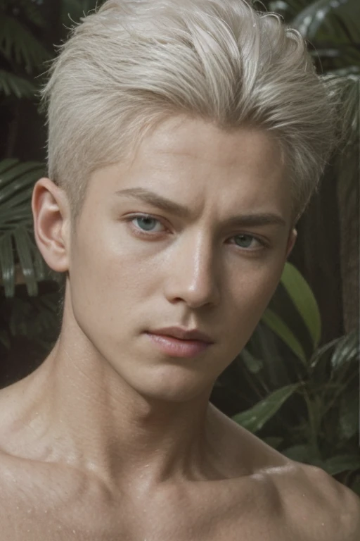 FULL full Body photorealistic 4k, high resolution, best quality, masterpiece, perfect color, perfect shade, perfect lighting, Posted by e621, ((portrait)), ((handsome man)), perfect male figure, Short hair details，chest muscles，abdominal muscles，Nakednes torso Jujutsu Kaisen Gojo Satoru,  Detailed face, perfect face, (stood up), Detailed background, ((Bonifasco Lighting)), (delicate eyes),(),white hair, forest scene photo, professional movie, professional picture, ultra detailed, ultra realistic, cinematic, sharp focus