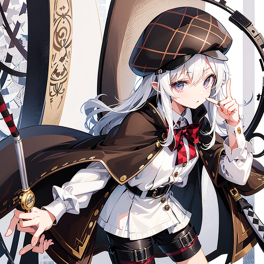 Brown Checkered Beret、A cape with the same pattern as the hat、White shirt and shorts with the same pattern as the hat、magnifying glass、Detective、A composition in which the magnifying glass is held close to the viewer, making the viewer&#39;s eyes appear larger、