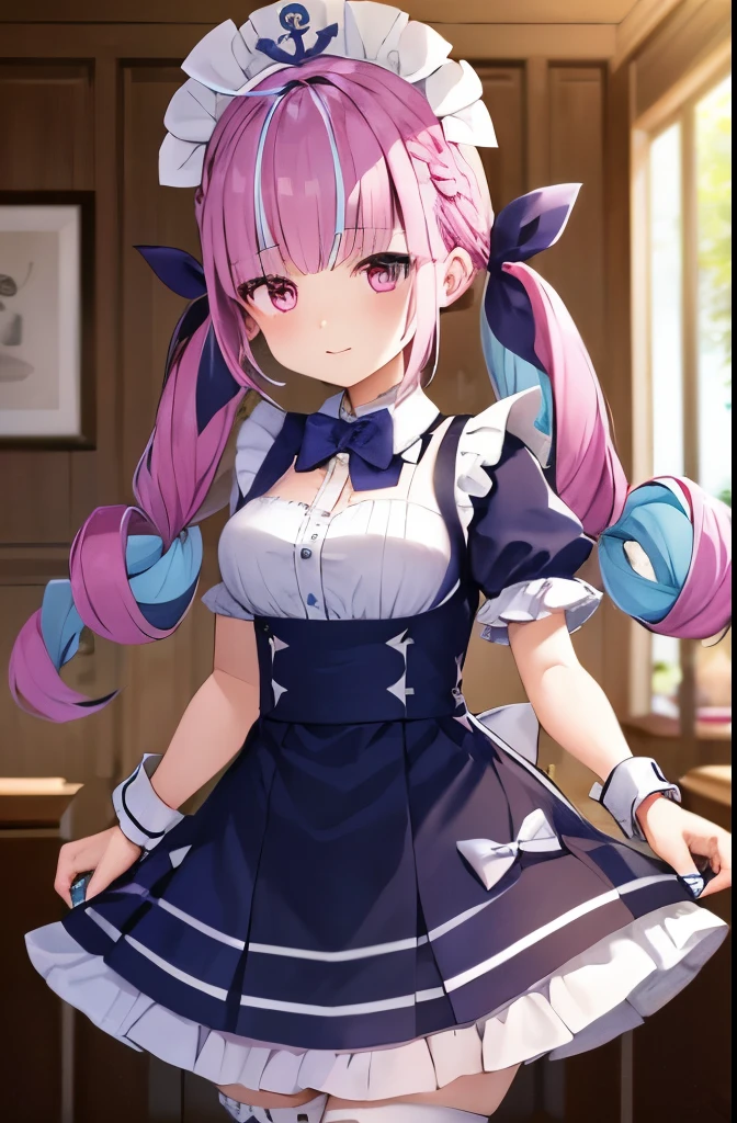 Illustration, 4K, 8K, (High quality:1.1),1girl in, ​masterpiece,top-quality,Minato Aqua、long、multi color hair、doress、Twin-tailed、Maid headdress、Color Inner Hair、Purple Eye、Anchor Symbol、blue hairs、bow ribbon、Two-tone hair、shortsleeves、Braids、Blue Dress、Wrist cuffs、bow ribbon、bangss、Drill Hair、Blue Nails、twin drills、Puffy Short Sleeves、Hair Ribbon、Purple hair、Puffy Sleeve、Ahoge、Ankle Cuffs、Dress Ribbon、Maids、frilld、manicure、striated hair、white bow、Cowboy Shots,cafe