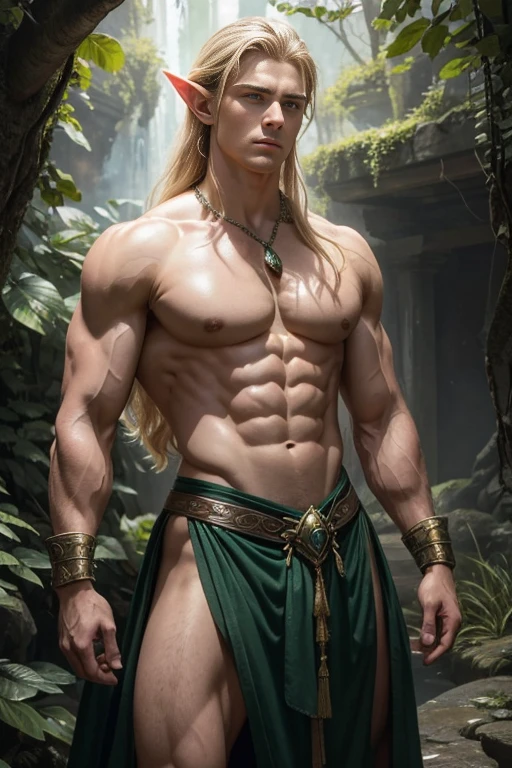 A stunningly chiseled elven warrior with the trademark pointed ears, luscious blonde locks cascading down his broad shoulders, and emerald green eyes brimming with determination. Revealing his sculpted physique, he stands amidst nature's bountiful embrace, perspiration glistening off his glistening skin, as he diligently hones his muscles in the open air. Captured in an exquisite oil painting, this masterful artwork flawlessly captures the essence of a Victorian-era hero, radiating strength and allure. The image pulsates with vibrant colors and exceptional attention to detail, visually immersing viewers in a world of fantasy and admiration.naked