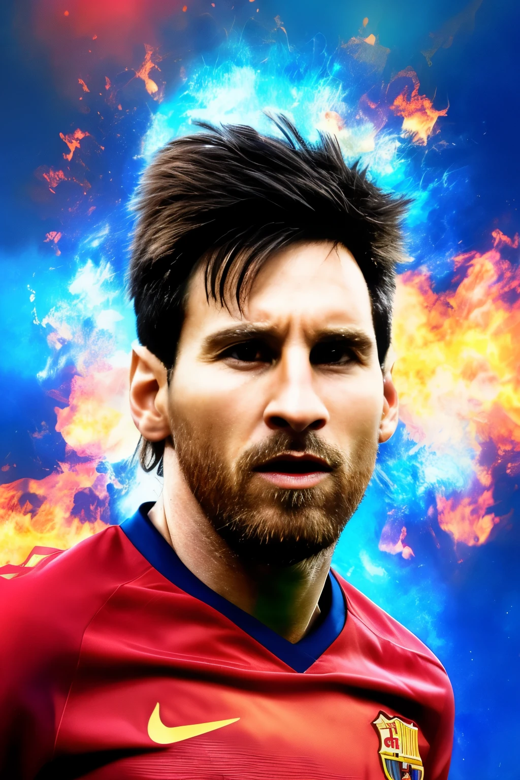 Stunning, high-definition image of Lionel Messi portrayed as a fiery figure, with intense eyes radiating passion and determination. The artistic style leans towards hyper-realism, with lifelike textures and details bringing Messi's face and body to life. The background is engulfed in flames, adding to the intensity and drama of the scene. Molten gold and orange hues dominate the image, creating an electrifying atmosphere. The focus is on Messi's powerful and focused expression, as if he is about to unleash his formidable soccer skills on the field. The overall image exudes a sense of raw energy and power. (Masterpiece, Argentine soccer legend