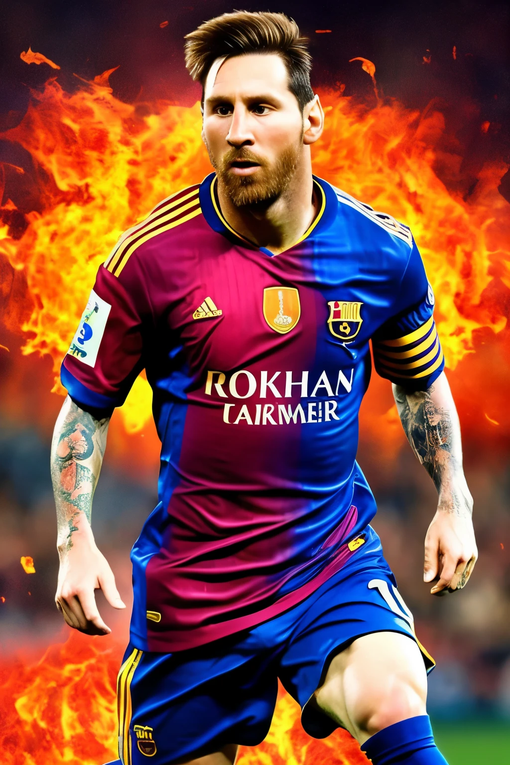 Stunning, high-definition image of Lionel Messi portrayed as a fiery figure, with intense eyes radiating passion and determination. The artistic style leans towards hyper-realism, with lifelike textures and details bringing Messi's face and body to life. The background is engulfed in flames, adding to the intensity and drama of the scene. Molten gold and orange hues dominate the image, creating an electrifying atmosphere. The focus is on Messi's powerful and focused expression, as if he is about to unleash his formidable soccer skills on the field. The overall image exudes a sense of raw energy and power. (Masterpiece, Argentine soccer legend