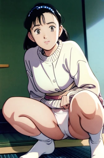 (unity 8k wallpape),(best quality),(high resolution),(ultra-detailed),(perfect anatomy),(beautiful detailed eyes),YAWARA,(urasawa naoki style),20yo,smile,,panty shot,squatting,White panties,cameltoe,White socks,Shooting from a low angle,Turn your body forward,Panties focus,Face forward and open your legs,(open leg),