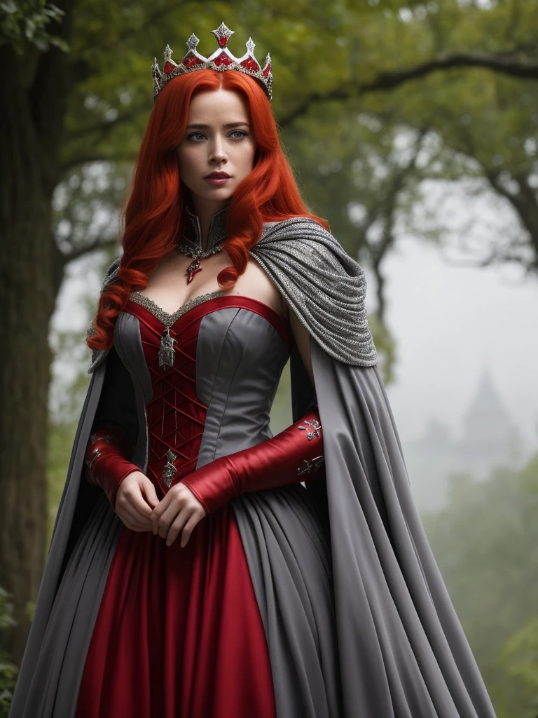 (solo), (best quality:1.4), a close up of a woman with red hair wearing a crown, beautiful vampire female queen, the red queen, by Elena Guro, redhead queen in [heavy red armor], diablo 4 queen, portrait of emily blunt as queen, wearing crown, in style of anne stokes, by Nikita Veprikov, queen of the forest, red haired goddess, as a medieval fantasy character, (:dress of grey graphite color:1.3)