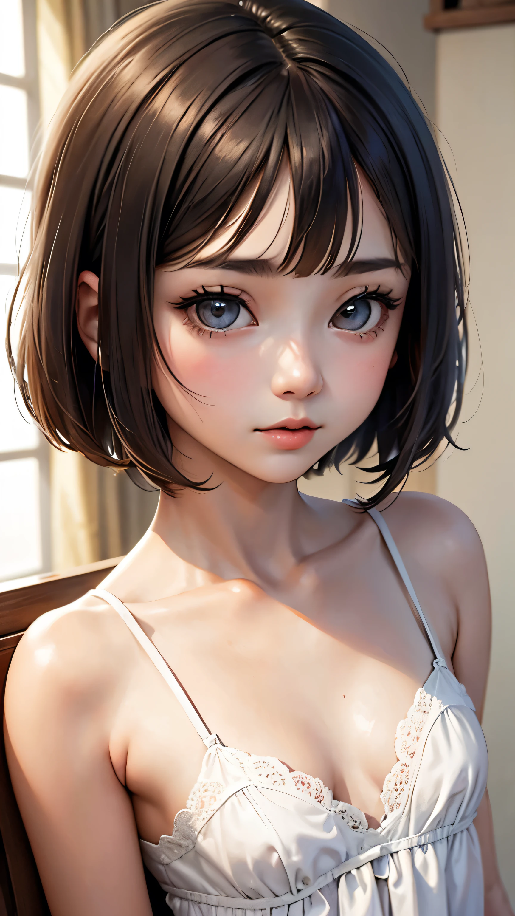 short hairと白のシャツ, short hair, Short hair with bangs, Woman with pretty face, Cute little face in a portrait, French Bob, White skin!!, Short brown hair and big eyes, Soft Portrait Shot 8k, Beautiful light、Big eyes, Beautiful girl, Young girl with bob cut, Best image quality, Tabletop, Leonardo da Vinci's Notebooks Da Vinci, Leonardo da Vinci's manuscript in the background,See-through gown,