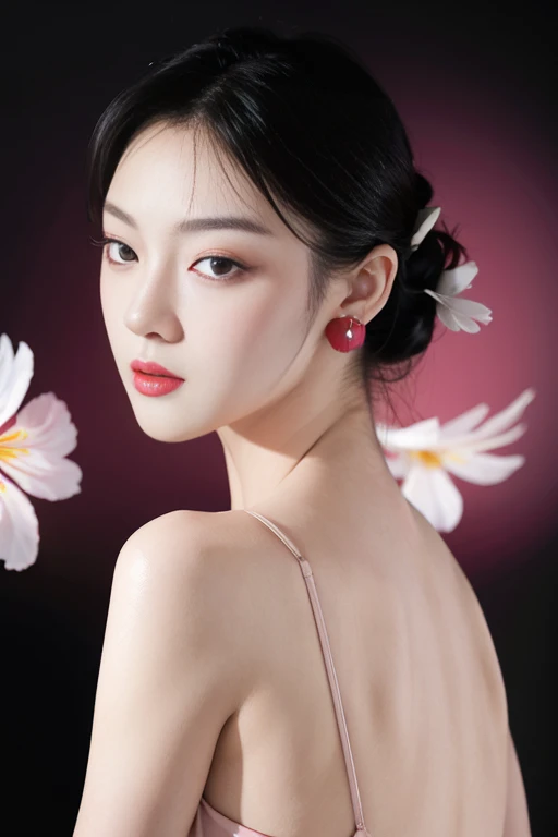 tsuruta ichiro, Narrow-eyed, 1girl in, Allback、deadpan、short-hair、shorth hair、brow、Reluctance、A dark-haired、Tucked Hair Solo, Cowgirl, Onepiece, ((mideum breasts)), Thin slit eyes、Black eyes, Light shines on the eyes、Black hair, gloves, Dress, Luxurious Jewelry, earrings, sharp eye、 elbow groves,Raise your hands and tie your hair back, random color, random color dress, Makeup for long eyes, Slender eyes、lip stick, Complex petal pattern, Rim Light, Back Light, pastel color,Studio Lighting