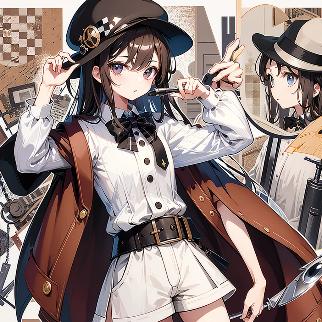 Brown Checkered Beret、A cape with the same pattern as the hat、White shirt and shorts with the same pattern as the hat、magnifying glass、Detective、A composition in which the magnifying glass is held close to the viewer, making the viewer&#39;s eyes appear larger、