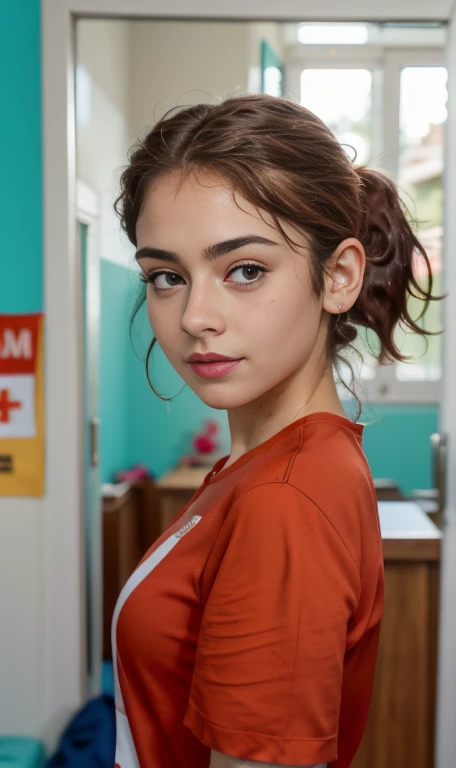 Photo oF a 15 year-old American girl, .crudo, beautiFul woman, (Long brown hair with ponytail.), light brown hair ponytail hairstyle((retrato)), ((Cara detallada:1.2)), ((Detailed Facial Features)), (Piel Finamente detallada), pale skin , ojos azules , Small nose , 、un sexy(cold color), wet, wet, ReFlectoreasutepiece) (proporciones perFectaotos realistas)(La mejor calidad) (Detallado) FotograFiado con una EOS R5 de Canon, lente de 50 mm, F/2.8, NFFSW, (8k) (papel tapiz) (cinematic lighting) (dramatic lighting) (sharp Focus) (Enrevesado) senos grandes , pechos grandes , pecas en mejillas y nariz , cuerpo completo , hermoso cuerpo de adolesente , posando sexy a la camara , posando de Frente para la camara ,lindo maquillaje , gran sonrisa  , estadio deportivo ,  outfit deportivo , ropa deportiva