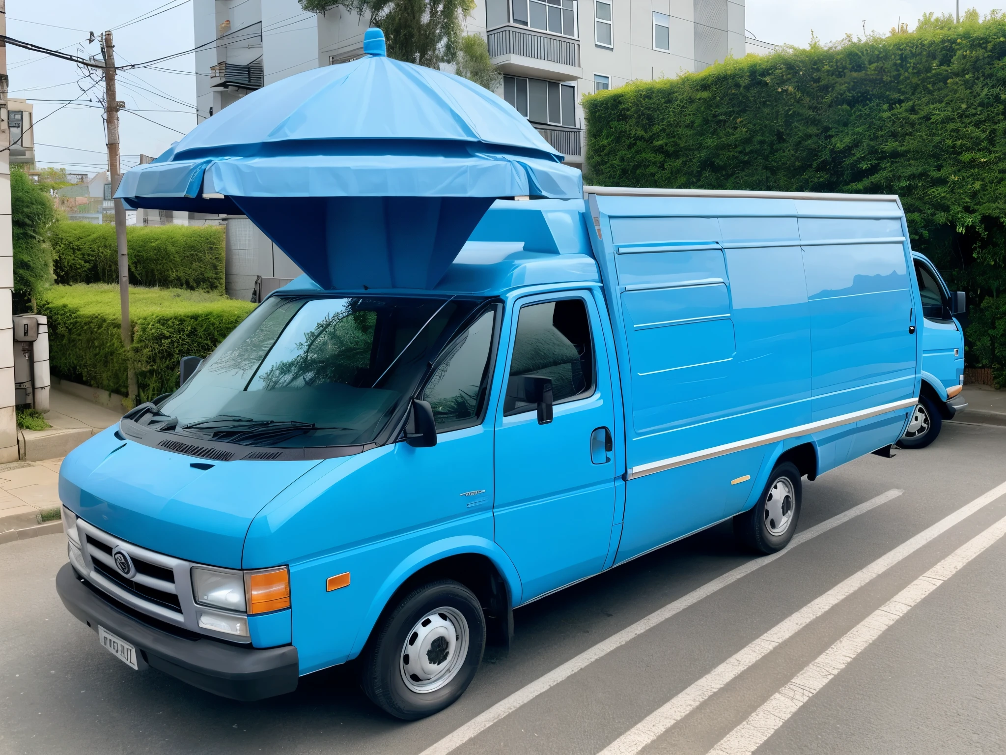 satellite dish mounted on A technologically advanced blue food delivery van