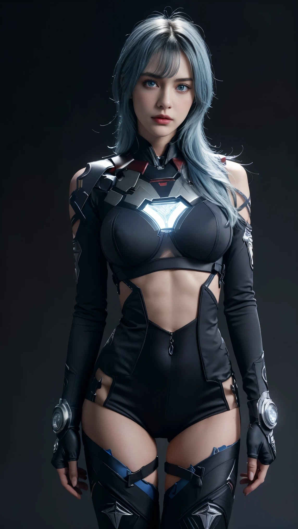 8K, Top Quality, Intricate Details, Ultra Detail, Ultra High Resolution, Masterpiece, close up shot, (full body: 1.1), Slender, Smile, (Makeup: 0.4), (Fluffy Blue Eyes: 1.21), (()), 1girl, solo, 1 girl, ((blue hair, bangs)), close up shot, , ((tall)), (((fit body))), (((slim face))), sharp face, (())  (detailed face), sharp face, small lips, , , dynamic pose,
 ((,   ironman suit, )), , ((,)), detailed face, detailed breast, , ((large breast, huge breast)), detail ass, Narrow Waist, Skinny, tall , 190 cm tall, very tall, Muscular, Navel, Exposed Abdomen, Pointed Chest,, Beautiful girl with accentuated slender abs: 1.4, Six Pack Abs: 1.4, Bust Botox, Big, Perfect Body, detail leg, (( dark background)), black background,