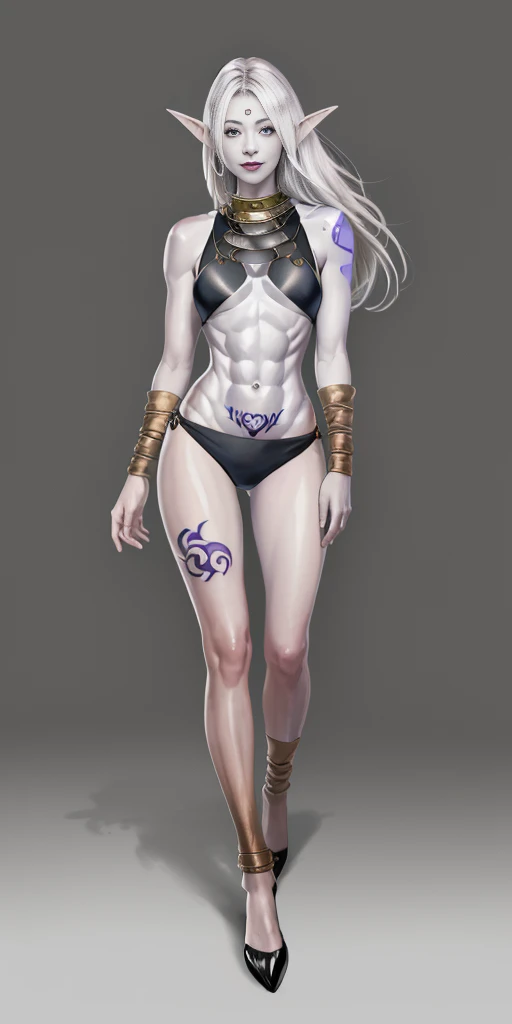 ((1girl)) full body, standing, grey skin, drow, elf, mature, detailed happy face, purple eyes, white hair, black bikini, abs, big knockers, golden chain collar, stomach tattoo (red tattoo)