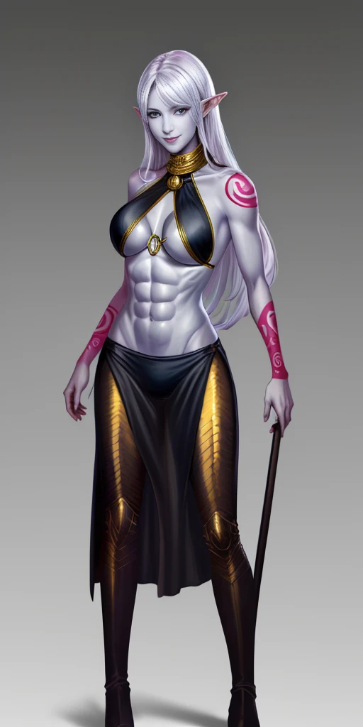 ((1girl)) full body, standing, grey skin, drow, elf, mature, detailed happy face, purple eyes, white hair, black bikini, abs, big knockers, golden chain collar, stomach tattoo (red tattoo)