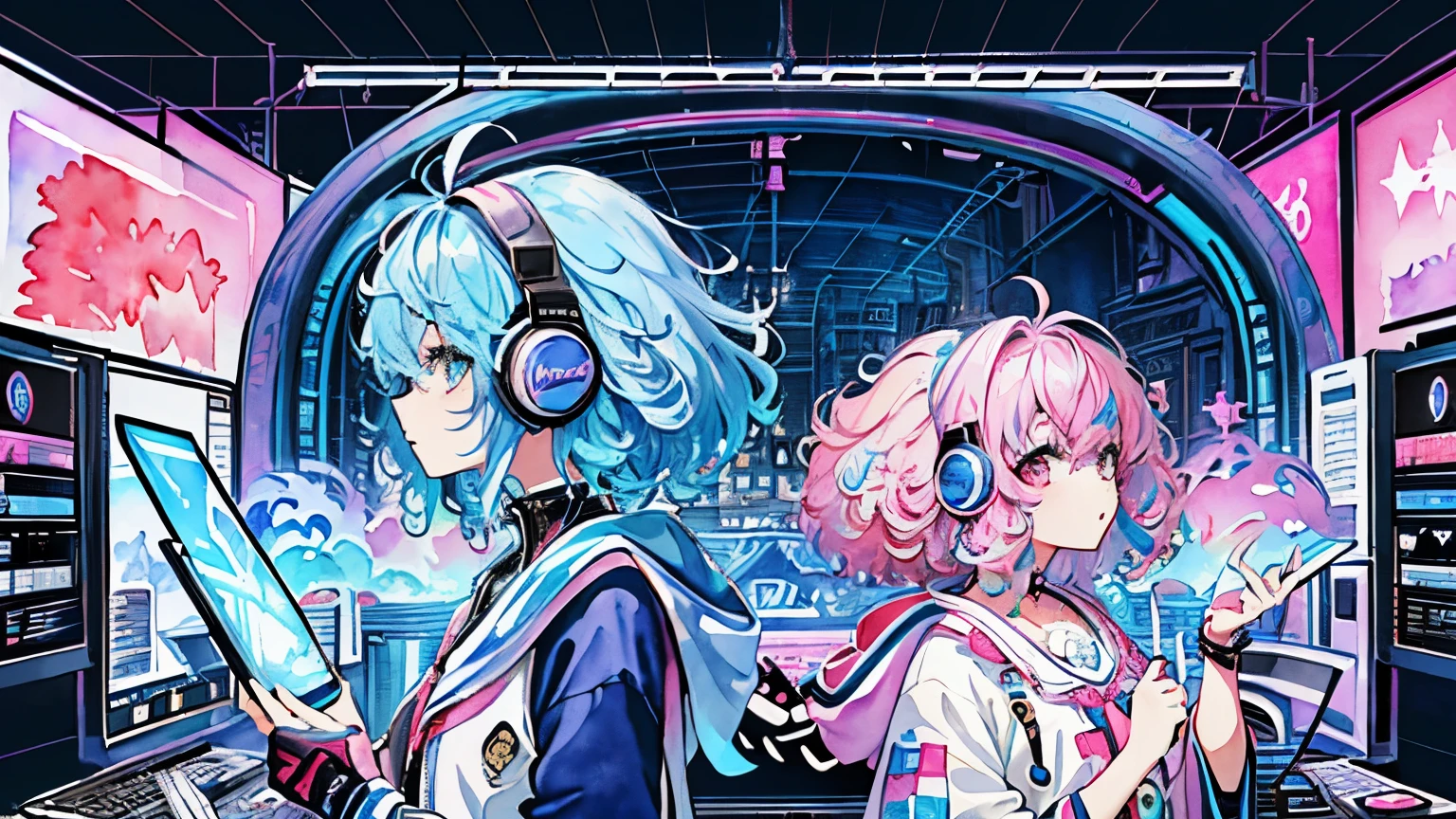 (masterpiece、highest quality、highest quality、Watercolor(Afro)、Official Art、Beautiful and aesthetic:1.2)、(One Girl:1.3)、(Fractal Art:1.3)、Upper body、From the side、cyber punk、Cyberspace、headphone、(Blue colored hair、Colorful Hair、Half Blue、Half pink hair:1.2)、Operating a computer、Looking at the display、performer、bright colored splashes