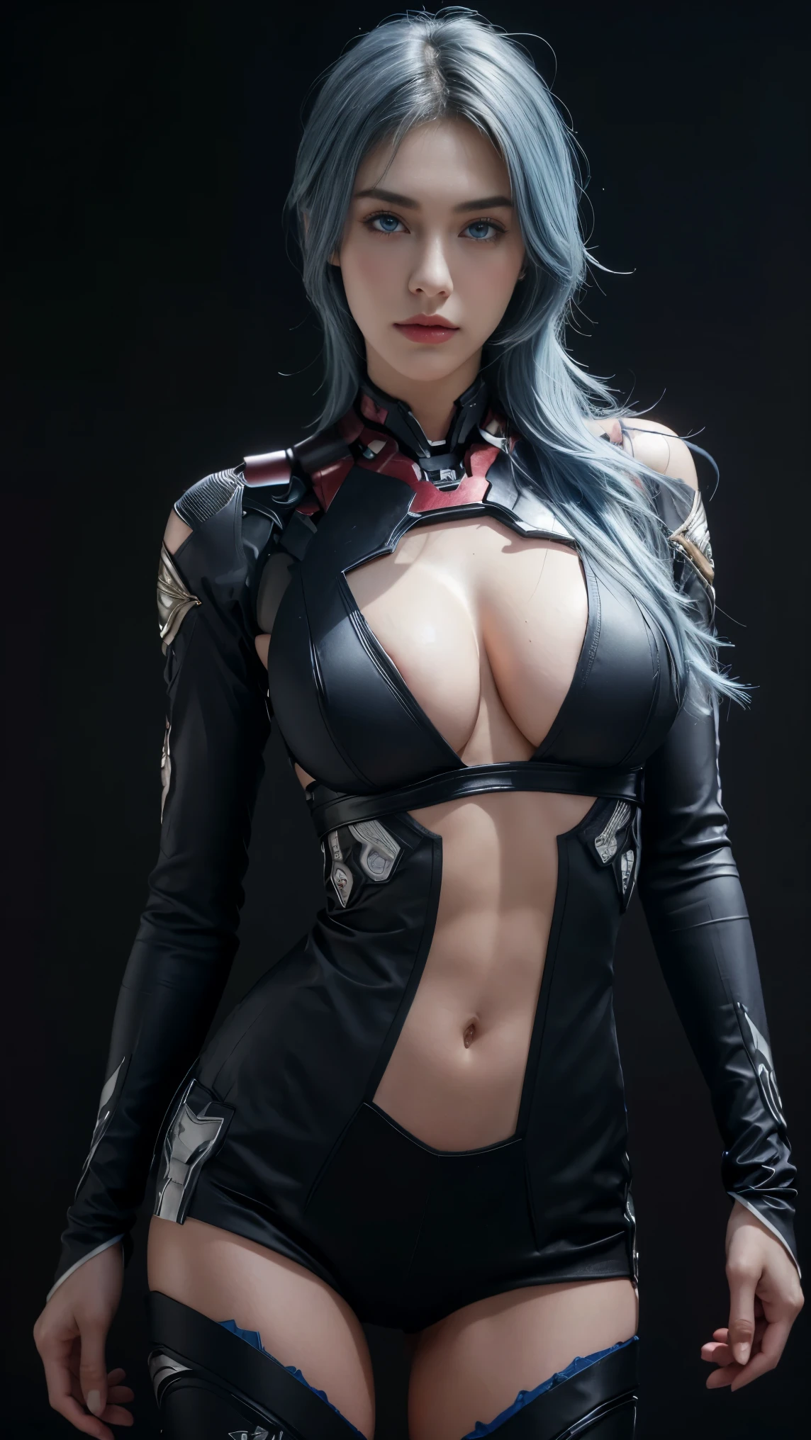 8K, Top Quality, Intricate Details, Ultra Detail, Ultra High Resolution, Masterpiece, close up shot, (full body: 1.1), Slender, Smile, (Makeup: 0.4), (Fluffy Blue Eyes: 1.21), (()), 1girl, solo, 1 girl, ((blue hair, bangs)), close up shot, , ((tall)), (((fit body))), (((slim face))), sharp face, (()) (detailed face), sharp face, small lips, , , dynamic pose,
((, ironman suit, )), , ((,)), detailed face, detailed breast, , ((large breast, huge breast)), detail ass, Narrow Waist, Skinny, tall , 190 cm tall, very tall, Muscular, Navel, Exposed Abdomen, Pointed Chest,, Beautiful girl with accentuated slender abs: 1.4, Six Pack Abs: 1.4, Bust Botox, Big, Perfect Body, detail leg, (( dark background)), black background,