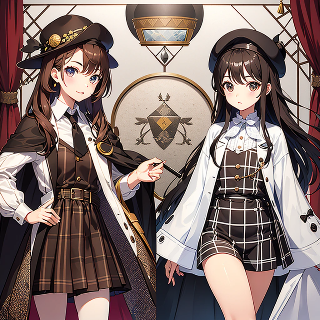 Brown Checkered Beret、A cape with the same pattern as the hat、White shirt and shorts with the same pattern as the hat、magnifying glass、Detective、A composition in which the magnifying glass is held close to the viewer, making the viewer's eyes appear larger、