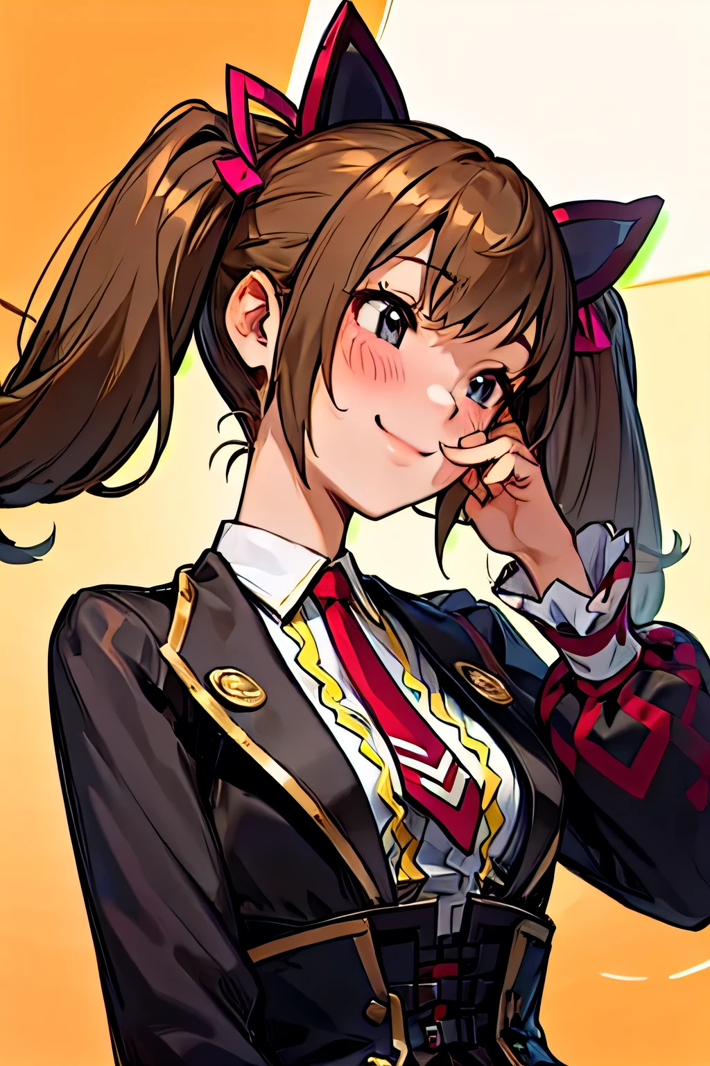 freef caroline, hair ribbon, , necktie, 1girl, solo, smile, blush, twintail