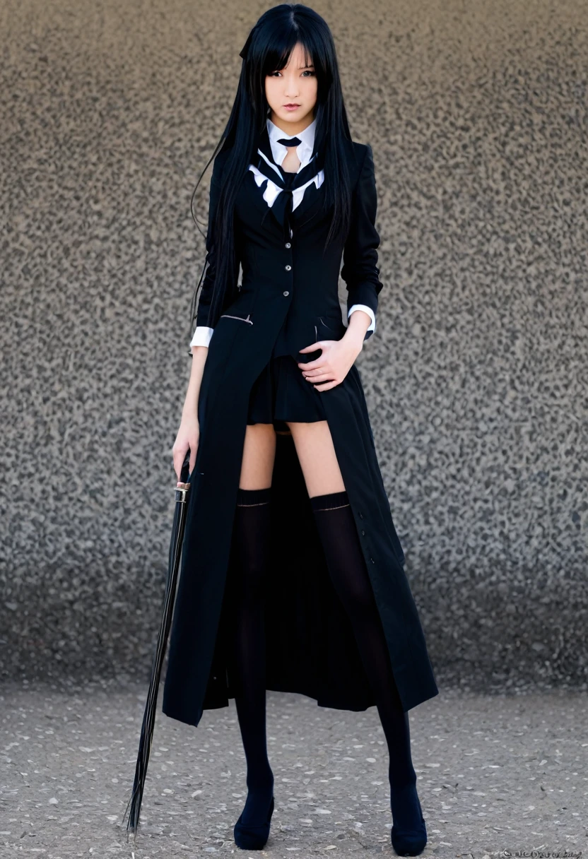 Make a picture of a beautiful anime girl who is 144 ft tall and wears long black socks and has a sharp gaze and is dressed in black mafia clothes and has long black hair.