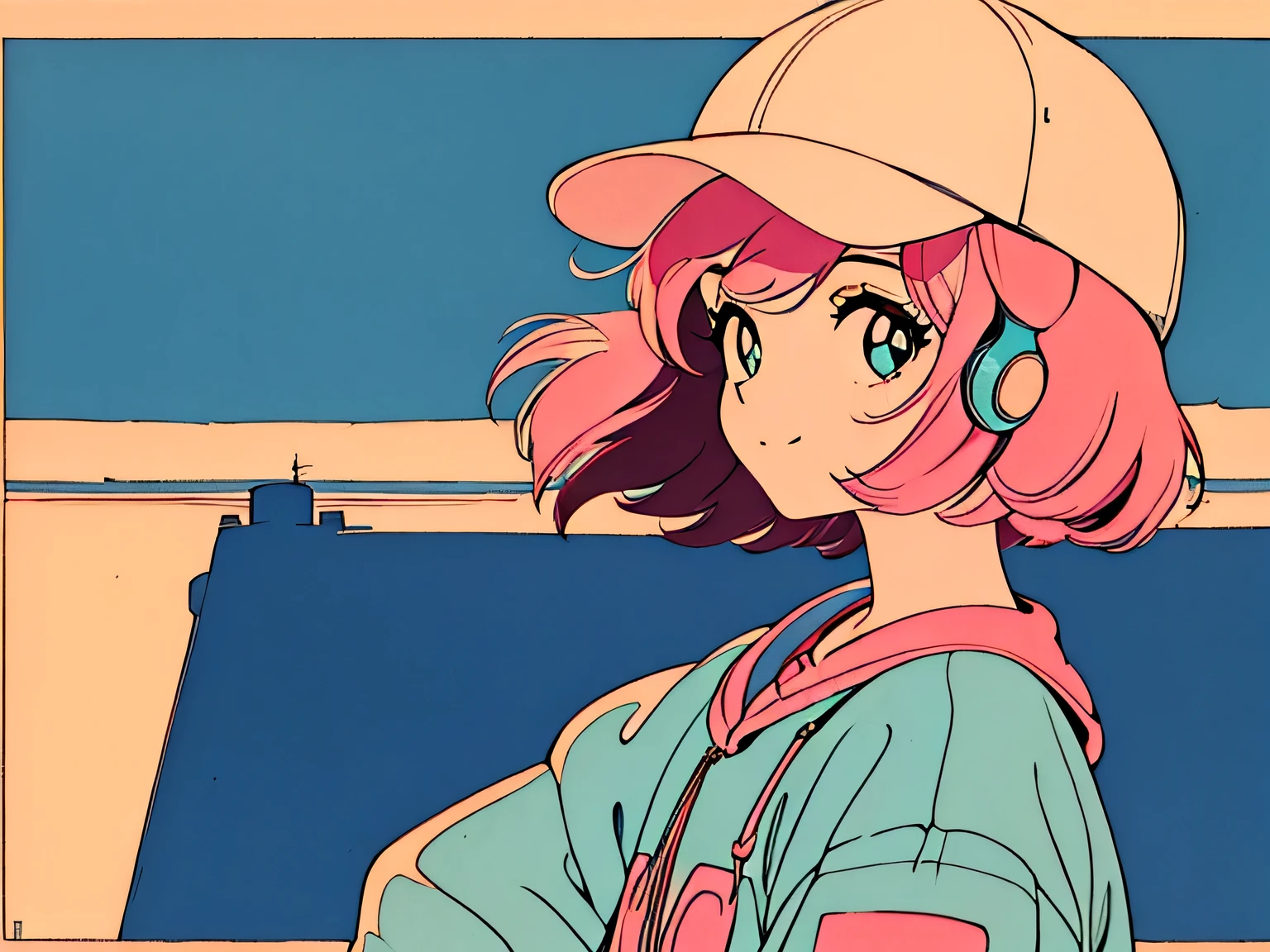 master piece, City Pop style, Pink Hair, fluffy bob cut, wearing headphones, shoulder length, alone, Futuristic, yet, lofi, retro, vintage, Ghost, light smile, hoodie, baseball cap, beautiful detailed sky, side shot