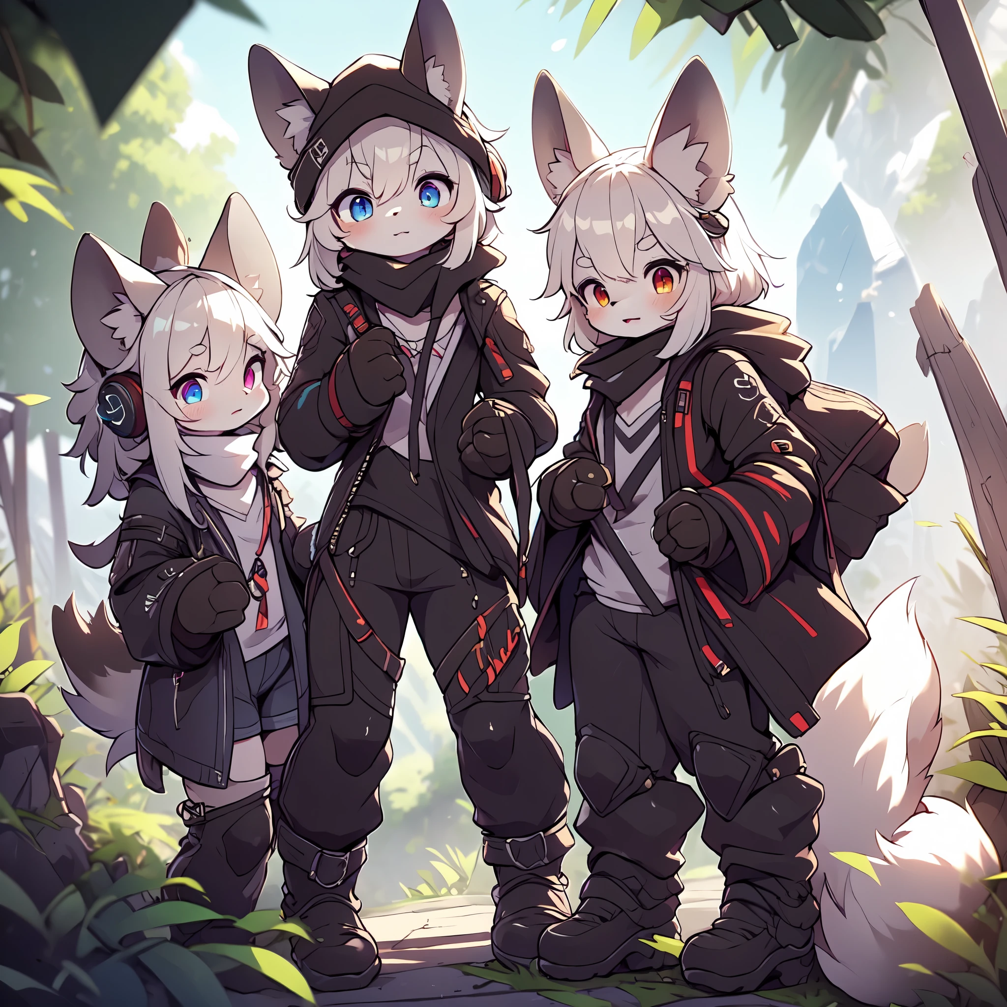 Kawaii, Striped Fluffy Fox, emaciated, long hair, 3girls, artificial synthetic skin, life support prosthetics, digital headphones, black tight latex bodysuit, white long dress, thigh-high-socks, shorts, loose off-the-shoulder hood open jacket, holsters in thigh, Mechanical boots, tactical knee pads, tactical belted loose Arm Sleeves, cybernetic Display gloves, chest rigs, tactical belts, blue archive halo, bulletproof goggles on forehead, from Ark nights, ray tracing, depth of field, bloom, masterpiece, ccurate, high details, highres