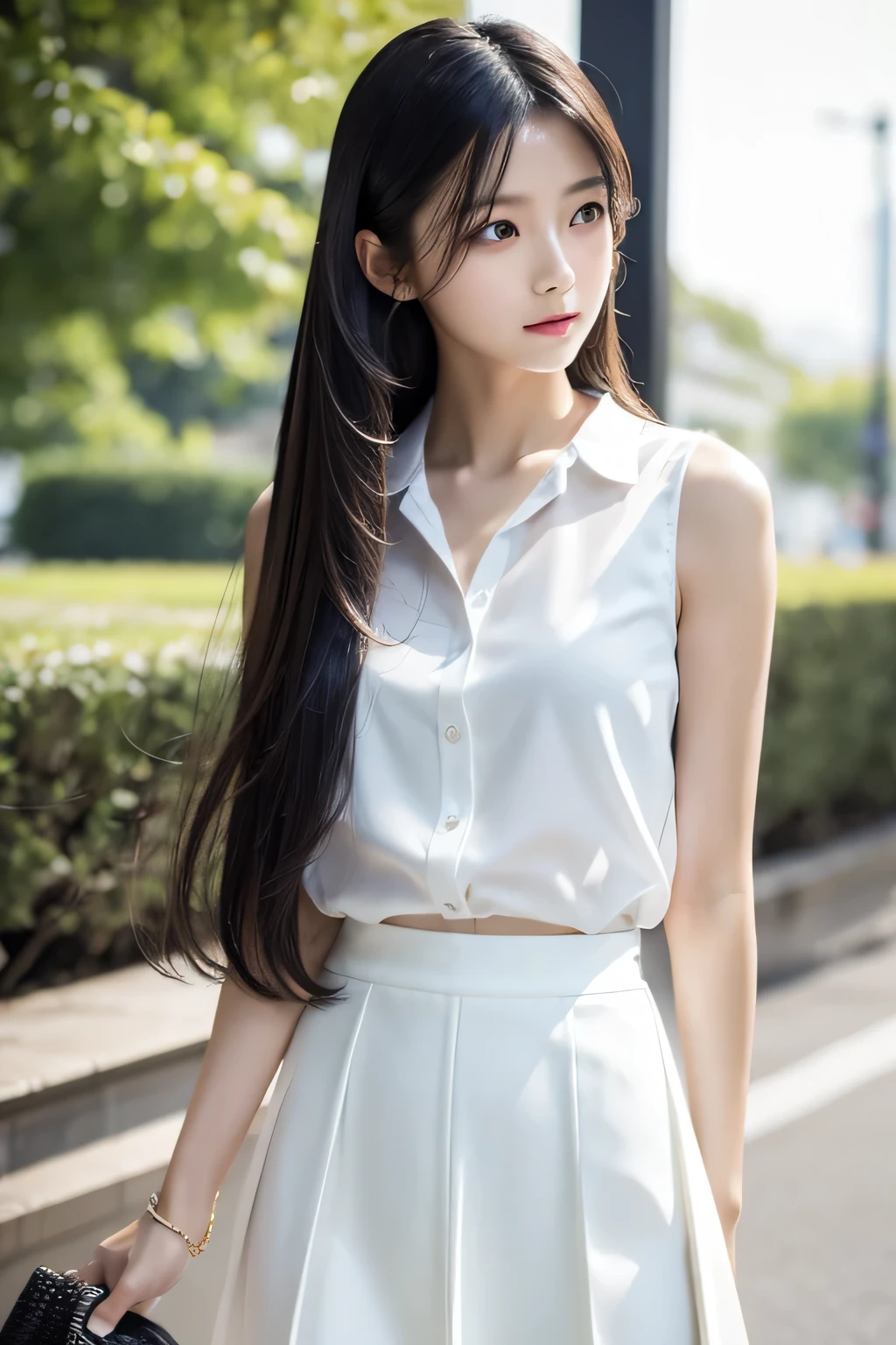 (highest quality, 32k, High resolution, Masterpiece:1.5, ), god々A photograph with brilliant dazzling and healing power., Evoking a sense of calm and elusive beauty, Expressing emotions, Have a rich imagination, Beautiful Japanese Girls, An exceptionally beautiful face, Perfect Human Anatomy, Magical big eyes, fleeting smile, Motherhood and generosity, Shiny brown hair:1.3, ((Beautiful super long straight silk hair)), Asymmetrical bangs, Hair between the eyes, Transparent, soft white skin, Neat, thin eyebrows, double eyelid, Natural Makeup, Cheek highlighter, Pale pink detailed lips, ((sleeveless white blouse:1.4)), Red checkered pleated skirt, art gallery, Slim figure with ample breasts, High resolutionの美しい太もも, Blue lighting, Professional Lighting, Professional photographer, Professional models, God's Secret