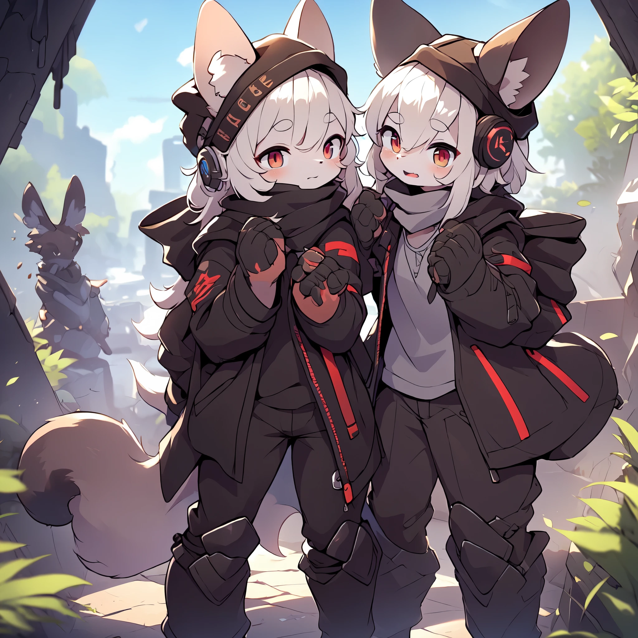 Kawaii, Striped Fluffy Fox, emaciated, long hair, 3girls, artificial synthetic skin, life support prosthetics, digital headphones, black tight latex bodysuit, white long dress, thigh-high-socks, shorts, loose off-the-shoulder hood open jacket, holsters in thigh, Mechanical boots, tactical knee pads, tactical belted loose Arm Sleeves, cybernetic Display gloves, chest rigs, tactical belts, blue archive halo, bulletproof goggles on forehead, from Ark nights, ray tracing, depth of field, bloom, masterpiece, ccurate, high details, highres
