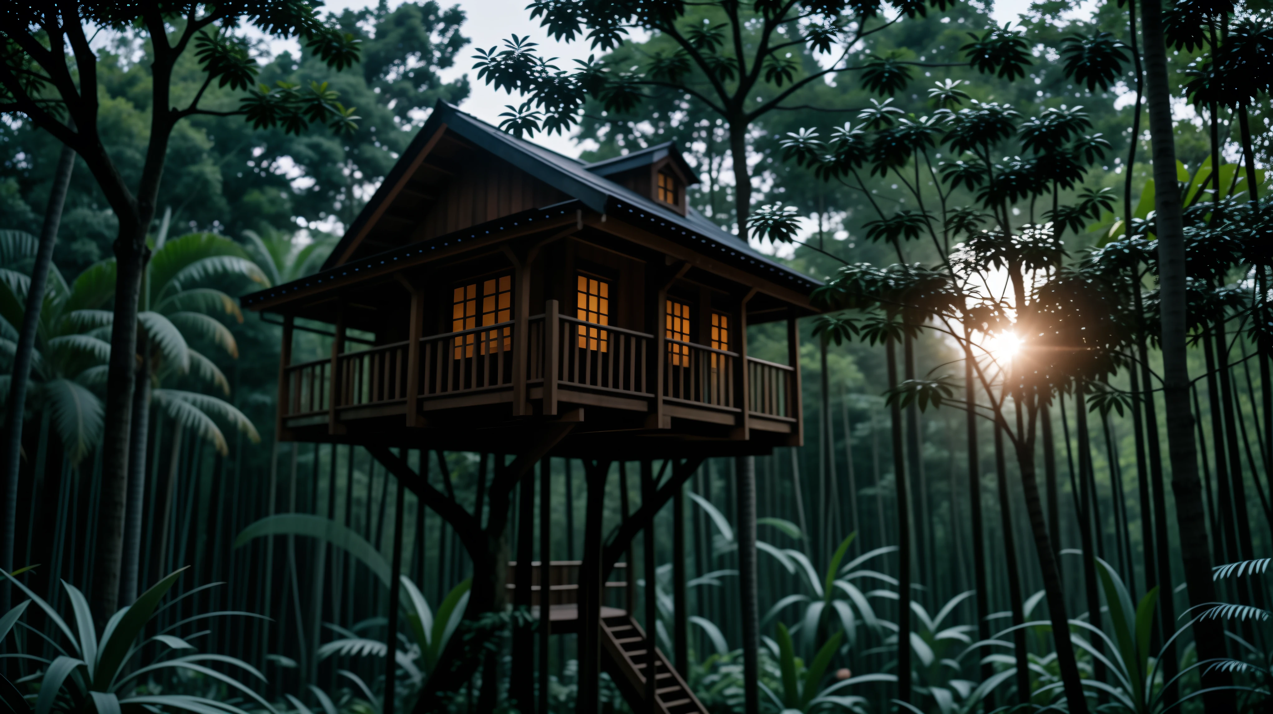 (Piroxium Diffuse Style:0.5), Beautiful jungle tree house,Movie, (masterpiece),Energetic