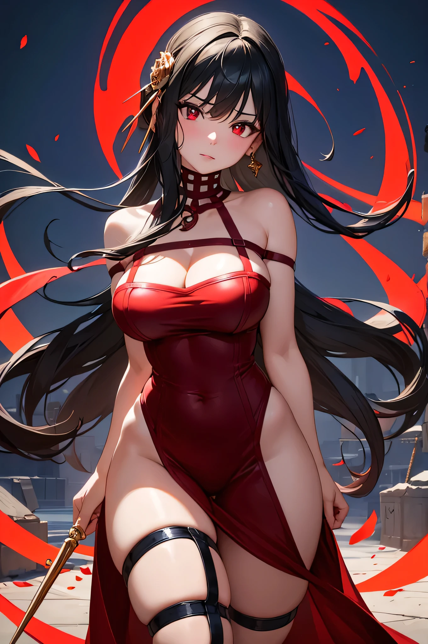 (masterpiece), best quality, expressive eyes, perfect face,high quality eye, clear eyes, red eyes, red eyes, standing in street, night time, perfect curvy body, big thighs, big calf, hd high quality image, 4k quality, fill size image, fill character, top to bottom, full size image, top to bottom, red angle strap heels, red angle strap heels, cleavage, cleavage, high quality, 4k black black tight legging