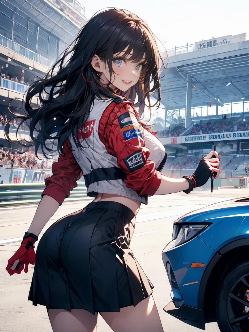One Woman Race Queen Posing for the camera in front of a sports car High leg Low - Angle