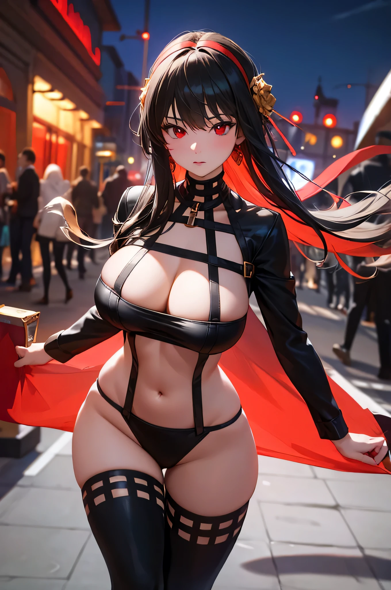 (masterpiece), best quality, expressive eyes, perfect face,high quality eye, clear eyes, red eyes, red eyes, standing in street, night time, perfect curvy body, big thighs, big calf, hd high quality image, 4k quality, fill size image, fill character, top to bottom, full size image, top to bottom, red angle strap heels, red angle strap heels, cleavage, cleavage, high quality, 4k black black tight legging