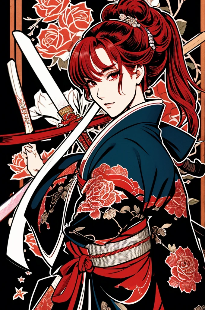 Beautiful hardcore illustration homepage illustration style, dark, High resolution, hard touch illustration, Strong outline, One girl, japanese geisha style, Fuji Mountain, Japan, 8k, American Comic Styles, Colorful background, Hiroyuki Nagasaka, Aggressive, (Sword Drawing Action(1.8)), Beautiful Face, Cool Beauty, kimono, Beauty Style, Black and Red, Fight, Hard Illustration, Rose red hair, Rose, Samurai, small monster, kimono, (Japanese sword(1.8)), 