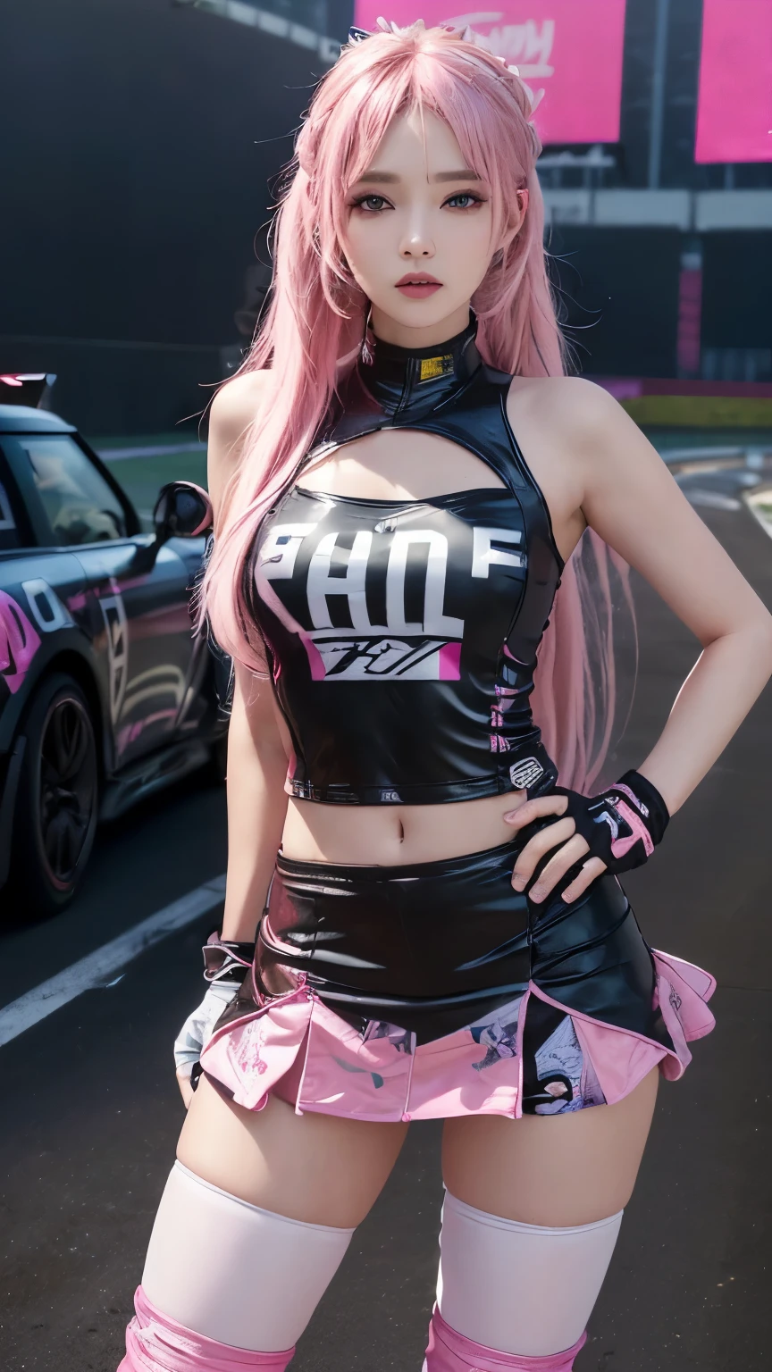 highest quality, Ultra-high resolution, (Realistic: 1.4), (Pink Long Hair: 1.3), (Azur Lane\), One Girl, (K-Pop Idols), View your viewers, Detailed face, Contrappost, , Perfect ??????? with professional lighting, Futuristic Fashion, Streetwear, High-tech fabric, Racing Suits, Refractory Materials, Elbow and knee pads, Racing Gloves, personalized embroidery, Sports Car Background, pit, mini skirt, belly button, Pink Hair, Suzuka Circuit, Circuit home straight, Race Track, International Circuit, Very goodhighest quality, Ultra-high resolution, (Realistic: 1.4), (Pink Long Hair: 1.3), (Azur Lane\), One Girl, (K-Pop Idols), View your viewers, Detailed face, Contrappost, , Perfect ??????? with professional lighting, Futuristic Fashion, Streetwear, High-tech fabric, Racing Suits, Refractory Materials, Elbow and knee pads, Racing Gloves, personalized embroidery, Sports Car Background, pit, mini skirt, belly button, Pink Hair, Suzuka Circuit, Circuit home straight, Race Track, International Circuit, Very good