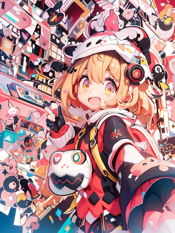 (Anime girls wear red and black hoodies, white, Pink, yellow, Blue confetti on hood, In the style of cute cartoon-like design, Electrical color scheme, Dark white and dark bronze, Vivid color scheme, Happy Expressionism, 20mp, Dynocore), (Anime panda girl in hoodie on camera, In the style of colorful mosaics, nightcore, Hard Edge Painting, Pattern Expansion, flickr, Cute and colorful, close-up), (While a small confetti is pouring out、Girl showing index and middle fingers, In a cute art style, Philip Pantone, nightcore, shilin huang, Vivid color scheme, Dark white and dark bronze, Hi-Vision Ministry of Defense), (Girl in panda bear hoodie makes face, In the style of a colorful palette, nightcore, shilin huang, zigzag, uhd image, Aztec art, shiny)