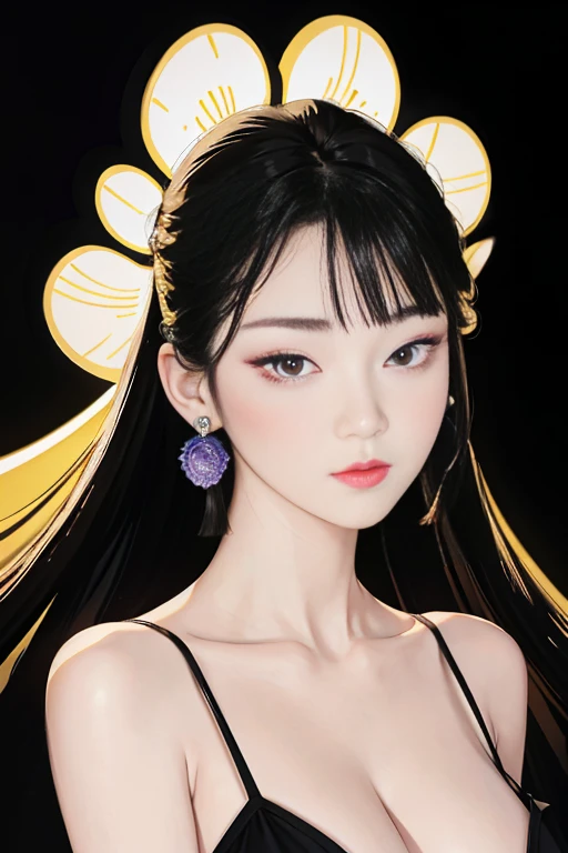 tsuruta ichiro, Narrow-eyed, 1girl in, Allback、deadpan、short-hair、shorth hair、brow、Reluctance、A dark-haired、Tucked Hair Solo, Cowgirl, Onepiece,  ((mideum breasts)),  Thin slit eyes、Black eyes, Light shines on the eyes、Black hair, gloves, Dress,  Luxurious Jewelry, earrings, sharp eye、 elbow groves,Raise your hands and tie your hair back, random color, random color dress,  Makeup for long eyes, Slender eyes、lip stick, Complex petal pattern, Rim Light, Back Light, pastel color,Studio Lighting