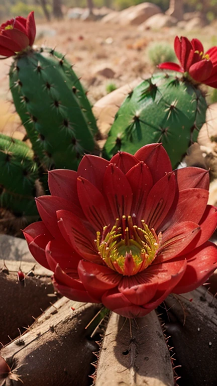 Create the macro photography of red cactus flower, background of the macros is flower garden.