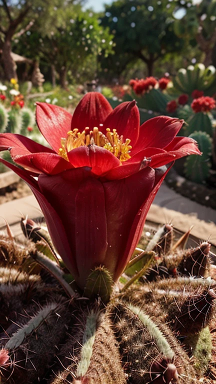Create the macro photography of red cactus flower, background of the macros is flower garden.