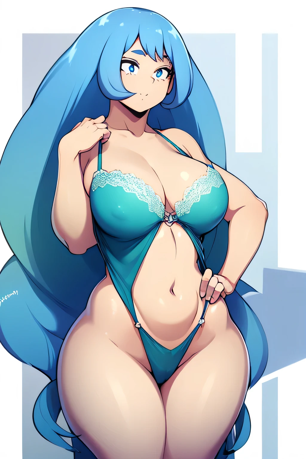 A beautiful girl, intelligence, confidence, happy, big chest, weight, light blue hair, long wavy straight, dresses in a dress, transparent turquoise fabric, under a dark turquoise shirt, shows a navel, a green elastic thong, a sexy leg, a blue high heel.