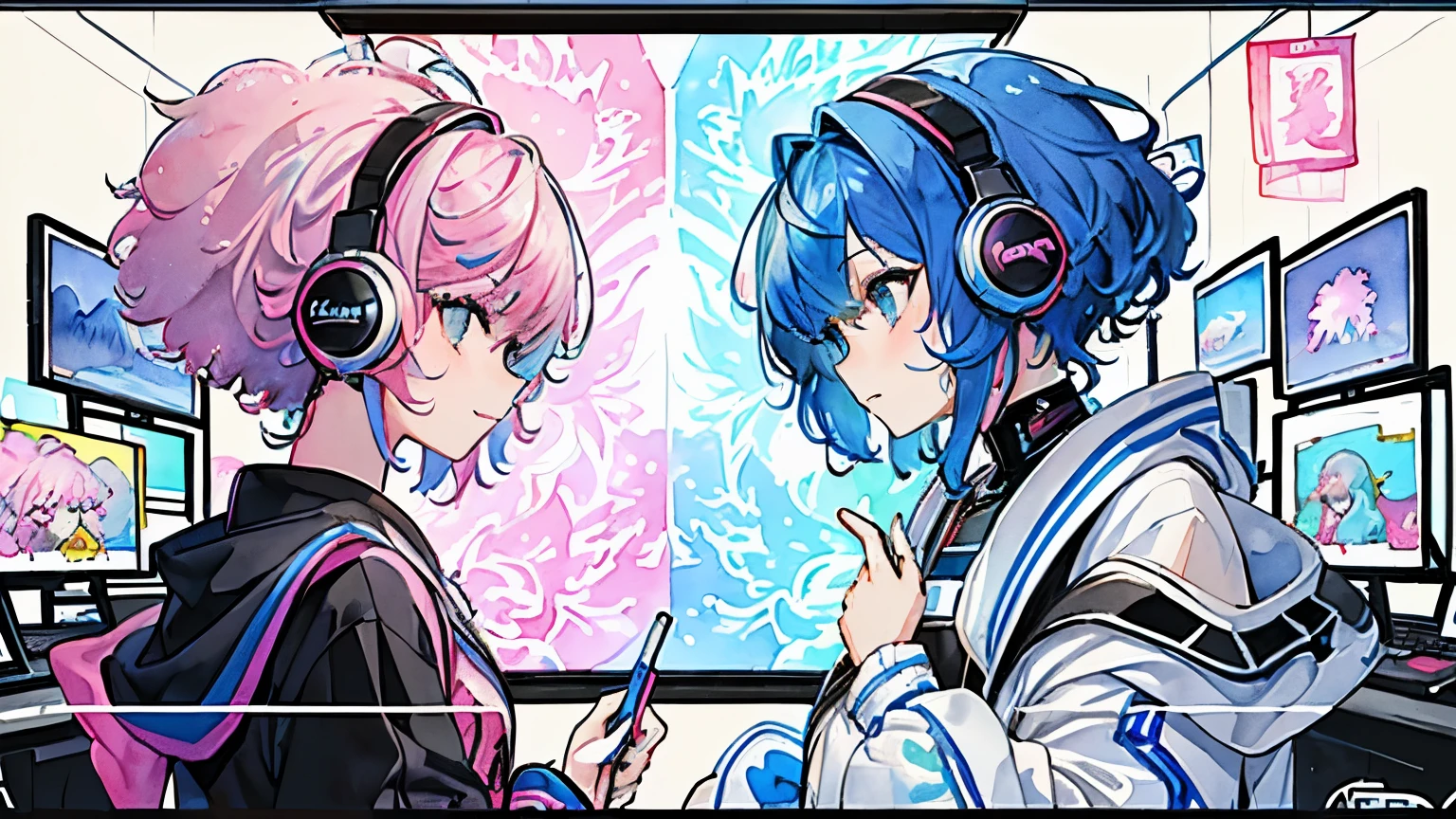 (masterpiece、highest quality、highest quality、Watercolor(Afro)、Official Art、Beautiful and aesthetic:1.2)、(One Girl:1.3)、(Fractal Art:1.3)、Upper body、From the side、cyber punk、Cyberspace、headphone、(Blue colored hair、Colorful Hair、Half Blue、Half pink hair:1.2)、Operating a computer、Looking at the display、performer、bright colored splashes