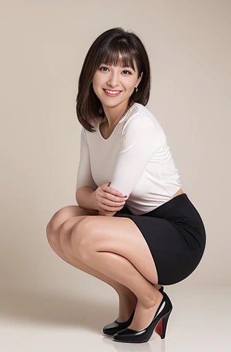 8k、Top image quality、raw、Woman looking down、20yr old、Dark-haired woman in white top and black miniskirt, Girl standing looking down, Woman looking at floor、Woman bowing her head、Woman bowing、A smile、White photography studio、white walls、Peek、Look at your feet、See below、View Floors