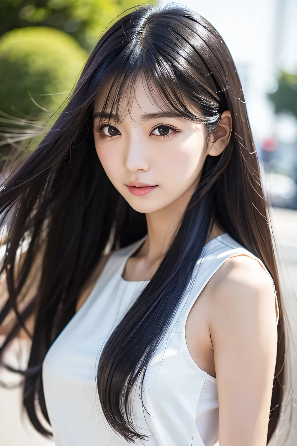 Skinny Japanese lady, 25 years old, masterpiece, Flat color, Depth of Field, lens flare, 1 girl,Very thin waist, Wearing a white blouse, White vest, Brown skirt, Delicate face, Delicate eyes，Sleek, thick long hair，Black and shiny，The shining luster flows in the thick, Jet black smooth hair，#1: Sleek and Neat Bangs，#1: Thick Sleek Bangs，The raging hair covers the whole body，Super smooth hair，Super smooth hair，Super smooth hair keeps throbbing。After using this shampoo，The girl has beautiful black hair，Black and shiny hair，Soft and smooth，The gloss is impressive。Fresh aroma，Deep nourishment，Moisturizing Hair Care，Stronger, healthier hair。Silicone-free formula，Silky smooth hair ends，Beautiful gloss。White school uniform female high school student endorsement。
"Rejoice Smooth Long Hair Shampoo：Show off your black and shiny hair，Makes hair soft and smooth，The gloss is impressive。Refreshing aroma，Deep nourishment，Moisturizing Hair Care，让Stronger, healthier hair。Silicone-free formula，Makes hair ends silky smooth，Presenting Beautiful gloss。Represented by a high school girl in a white school uniform。"Female idol high school student in white school uniform，Smooth, thick, long black hair，The glittering luster flows on the thick and smooth black hair，Bangs，The surging hair covers the body，The smooth black hair violently hits the camera！ Super smooth hair，Ultra-smooth hair，Super smooth hair keeps throbbing。