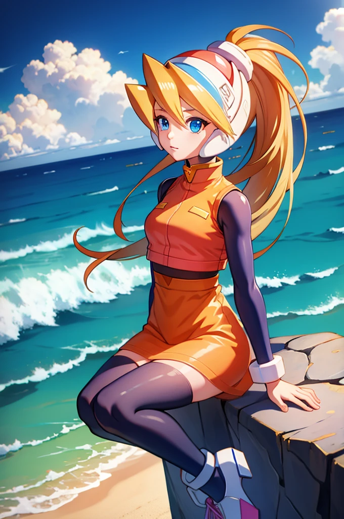ciel_megamanz, 1girl, solo, long hair, blue eyes, blonde hair, ponytail, headgear, masterpiece, high quality, overlooking the ocean on the edge of a rock, in the style of avian-themed, realistic yet stylized, villagecore, azure, orange and azure, dragoncore, aerial view