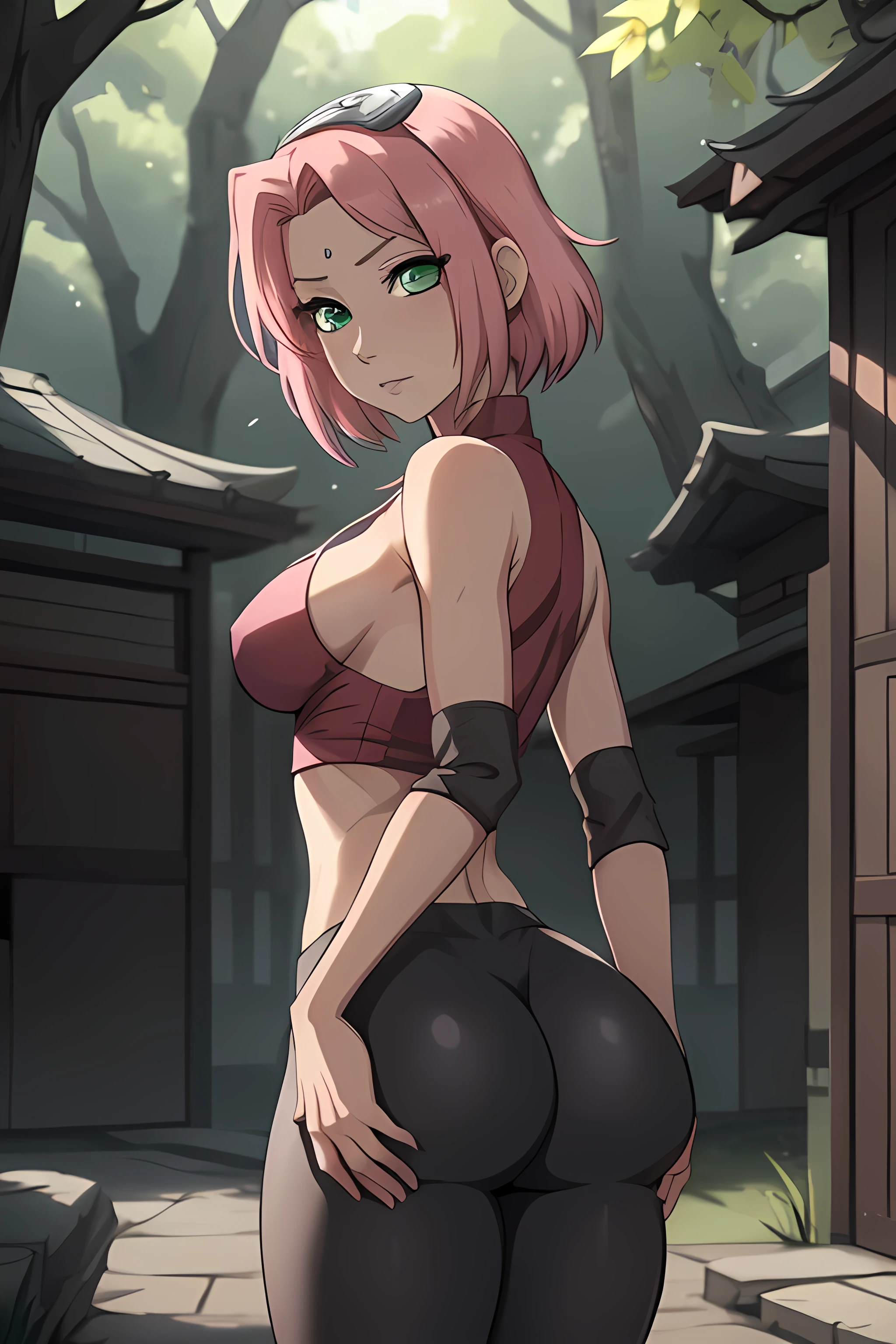 ((ultra quality)), ((masterpiece)), haruno sakuro, naruto, ((pink short hair)), (beautiful cute face), (beautiful female lips), charming, ((sexy facial expression)), looks at the camera, eyes slightly open, (skin color white), (blue skin), glare on the body, ((detailed beautiful female eyes)), ((green eyes)), (juicy female lips), (black eyeliner), (beautiful female hands), ((ideal female figure)), ideal female body, beautiful waist, gorgeous thighs, beautiful small breasts, ((subtle and beautiful)), stands temptingly (close up of face), (sakura haruno clothing, black tight shorts leggings, Hidden Leaf Village Shinobi Clothes) background: hidden leaf village, Naruto Shippuden, ((depth of field)), ((high quality clear image)), (clear details), ((high detail)), realistically, professional photo session, ((Clear Focus)), anime, midriff, cleavage, ((ass)), (sideboob)