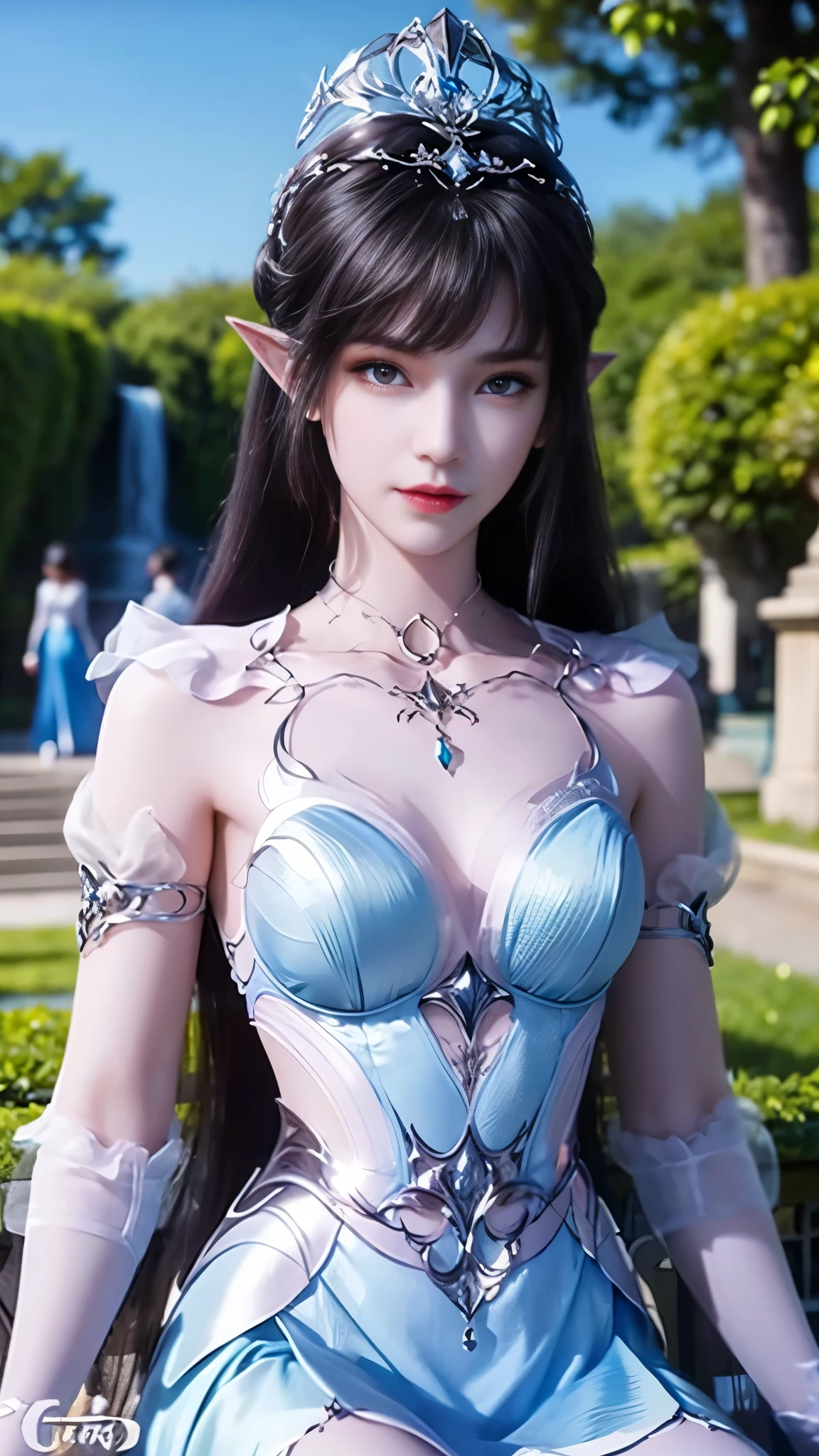 8k, masterpiece, a close up of a woman in a blue dress, a beautiful fantasy empress, beautiful fantasy maiden, fantasy art style, trending on cgstation, beautiful and elegant elf queen, beautiful maiden, shining skin, intricate ornate anime cgi style, ((a beautiful fantasy blue empress)), beautiful alluring Realistic woman, shining skin, in the park, sun shining, Realistic shadow, ((front body pose)), sitting, 