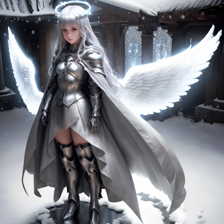 (((medium full shot))), (Masterpiece, photorealistic, photorealism, best quality, ultra-detailed:1.3), (nice hands, perfect hands), official art, cinematic light, (1girl:1.3), adult, ((angel, angel wings)), armor, bangs, blue eyes, blunt bangs, boots, cable, cape, capelet, cloak, closed mouth, coat, day, dress, eyebrows visible through hair, fantasy, full body, gloves, glowing, grey eyes, halo, holding, hood, jewelry, light rays, long hair, long sleeves, looking at viewer, outdoors, science fiction, silver hair, skeleton, sleeves past wrists, smile, snow, solo, standing, statue, white theme, wide sleeves, 