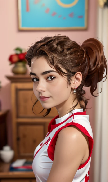 Photo of a -old amean girl, .RAW, beautiful teenage girl, (Long brown hair with ponytail), light brown hair ponytail hairstyle((retrato)), ((Cara detallada:1.2)), ((Detailed facial features)), (Piel finamente detallada) , (Masutepiece) (proporciones perfectaotos realistas)(La mejor calidad) (Detallado) fotografiado con una EOS R5 de Canon, Lente de 50 mm, f/2.8, NffSW, (8k) (papel tapiz) (cinematic lighting) (Dramatic lighting) (sharp focus) (Enrevesado) senos medianos , pechos medianos , muchas pecas en mejillas y nariz , pecas en pecho, cuerpo completo , hermoso cuerpo de muje adolesente, lindo maquillaje , gran sonrisa , mujer delgada escultural , ropa de base ball , uniforme de base ball , foto de cuerpo completo