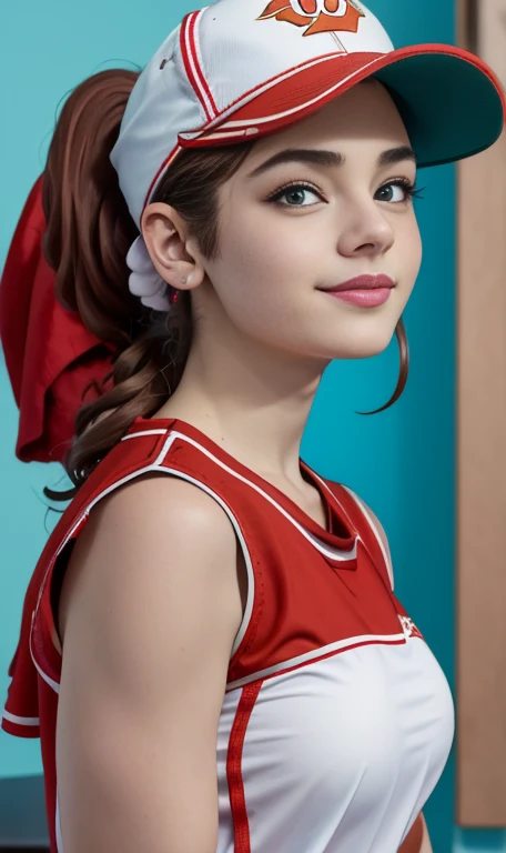 Photo of a 14 year-old american girl, .RAW, beautiful teenage girl, (Long brown hair with ponytail), light brown hair ponytail hairstyle((retrato)), ((Cara detallada:1.2)), ((Detailed facial features)), (Piel finamente detallada) , (Masutepiece) (proporciones perfectaotos realistas)(La mejor calidad) (Detallado) fotografiado con una EOS R5 de Canon, Lente de 50 mm, f/2.8, NffSW, (8k) (papel tapiz) (cinematic lighting) (Dramatic lighting) (sharp focus) (Enrevesado) senos medianos , pechos medianos , muchas pecas en mejillas y nariz , pecas en pecho, cuerpo completo , hermoso cuerpo de muje adolesente, lindo maquillaje , gran sonrisa , mujer delgada escultural , ropa de base ball , uniforme de base ball , foto de cuerpo completo