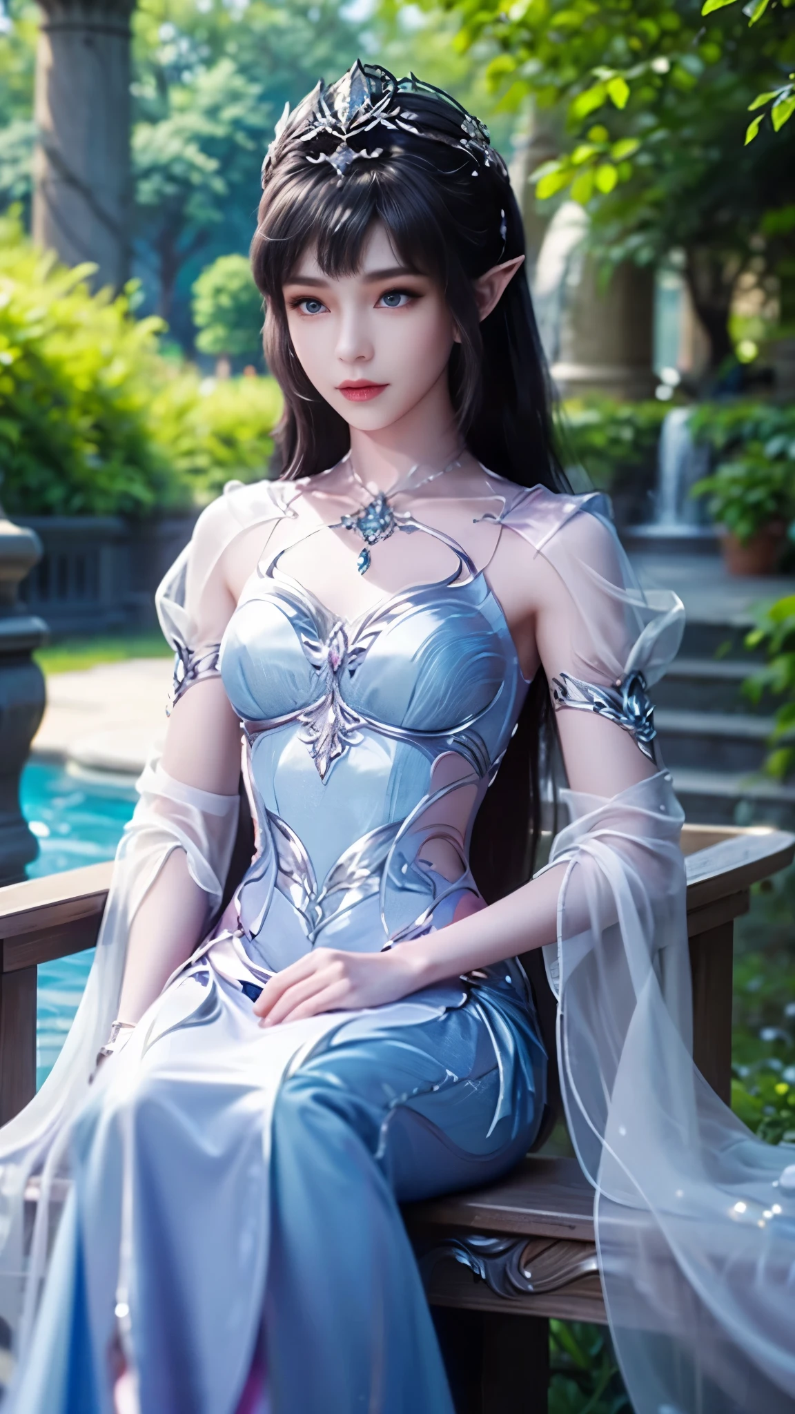 8k, masterpiece, a close up of a woman in a blue dress, a beautiful fantasy empress, beautiful fantasy maiden, fantasy art style, trending on cgstation, beautiful and elegant elf queen, beautiful maiden, shining skin, intricate ornate anime cgi style, ((a beautiful fantasy blue empress)), beautiful alluring Realistic woman, shining skin, in the park, sun shining, Realistic shadow, ((front body pose)), sitting, 