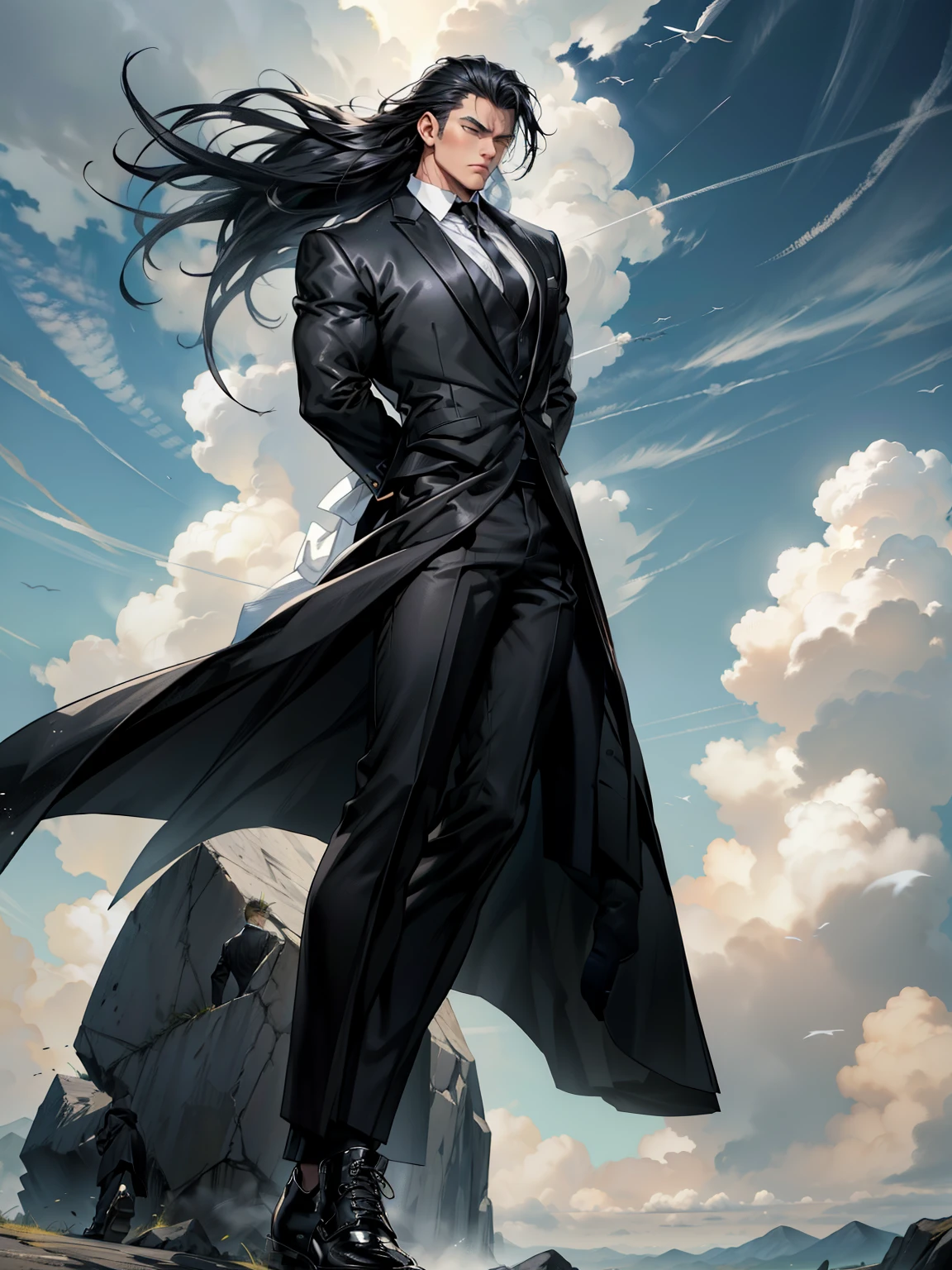 boys 26 Years old, Serious face, muscular, wearing long black suits, ((white shirt and black tie)), black boot cut trousers, black oxfords shoes, levitates on sky, both hands behind his back, sky, cloud